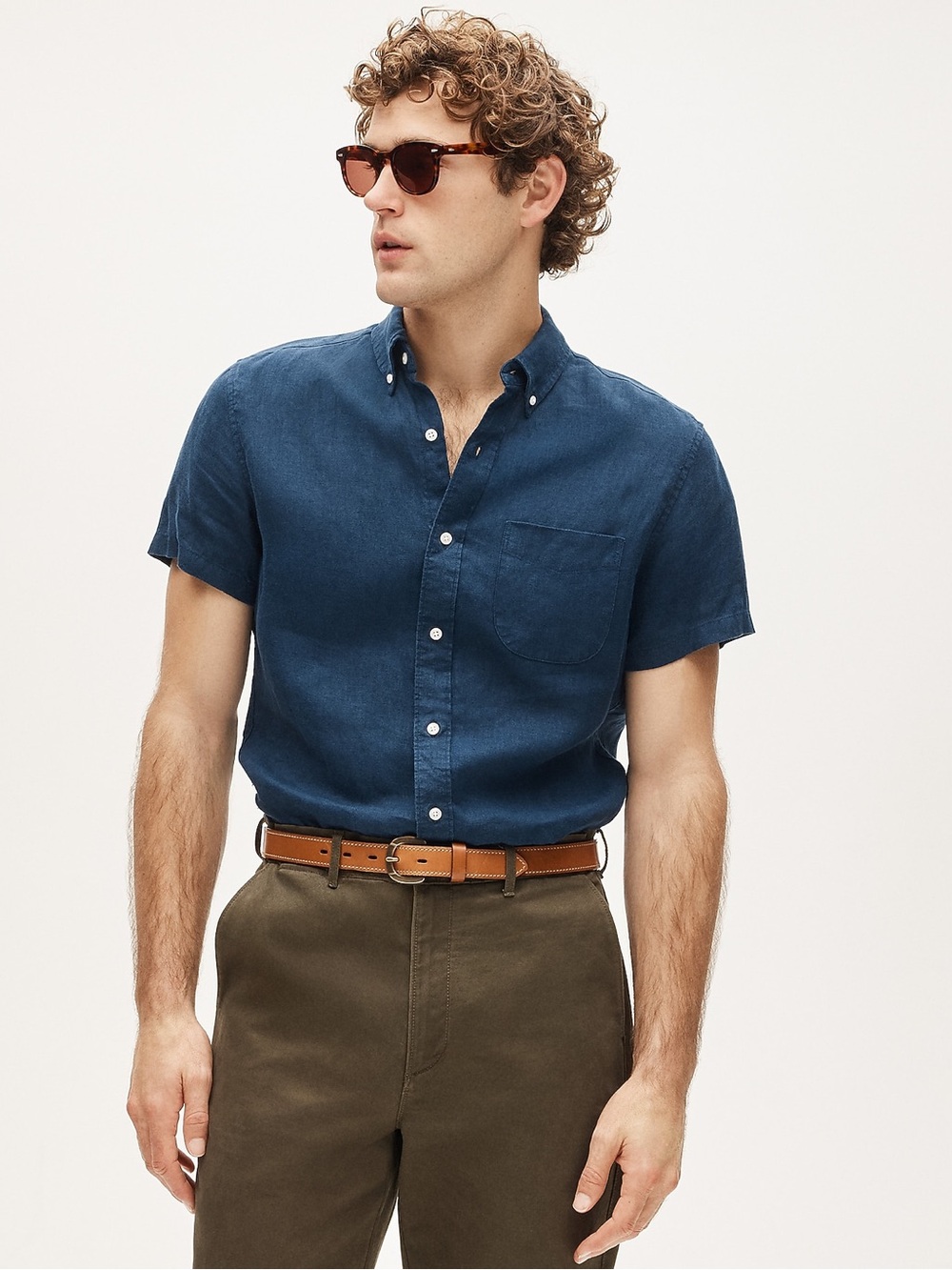 J. Crew XXL Short-sleeve Baird McNutt Irish 100% linen shirt blue pocket buttons